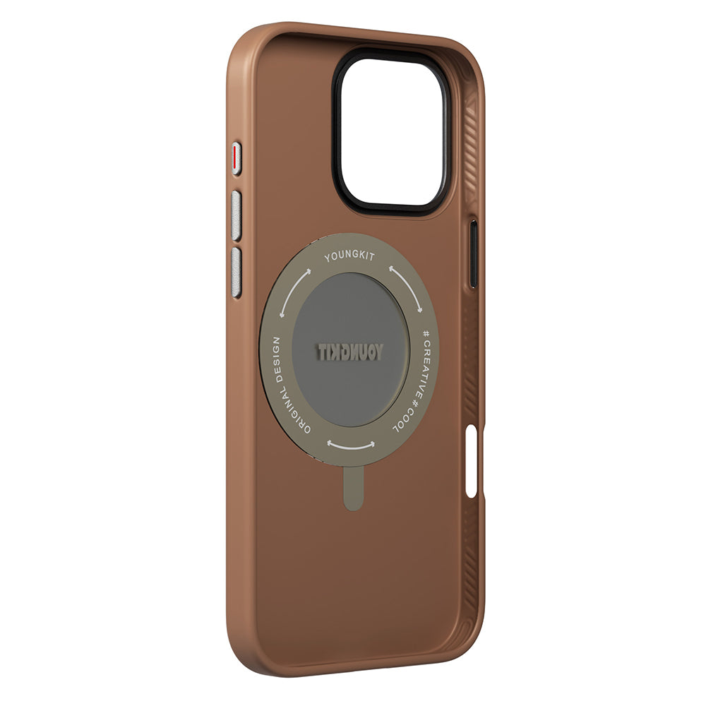 iPhone 16 Pro Kılıf Magsafe Şarj Özellikli 360° Standlı Basit Mat Deri Desenli Youngkit Tech Leather Serisi Kılıf Kahverengi