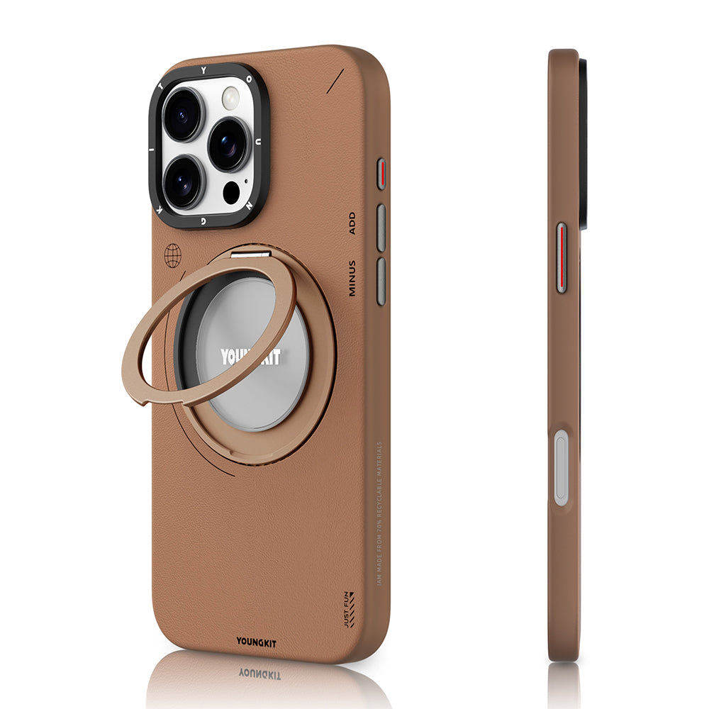 iPhone 16 Pro Kılıf Magsafe Şarj Özellikli 360° Standlı Basit Mat Deri Desenli Youngkit Tech Leather Serisi Kılıf Kahverengi