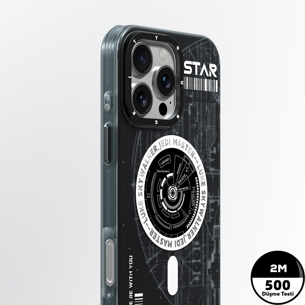 iPhone 16 Pro Kılıf Magsafe Şarj Özellikli Airbagli Hologram Tasarımlı Youngkit Interstellar Serisi Kılıf Siyah-Beyaz