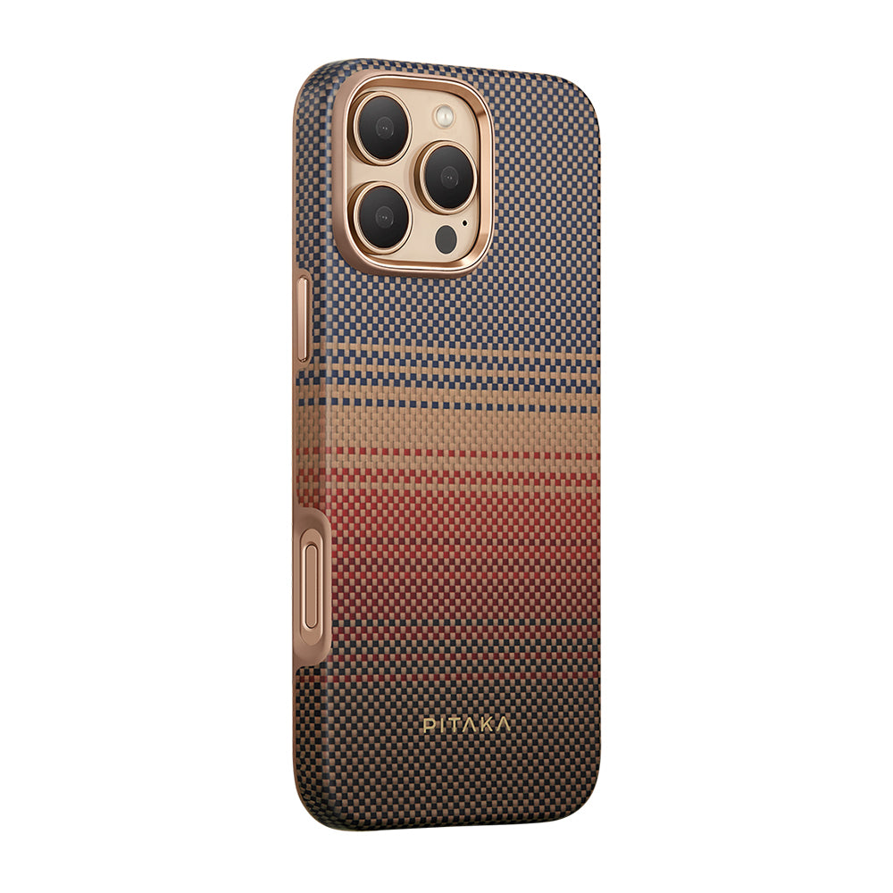 iPhone 16 Pro Kılıf Magsafe Şarj Özellikli Aramid Fiber Pitaka Military-Grade Sunset-Moonrise Serisi Sunset Kılıf Kahverengi