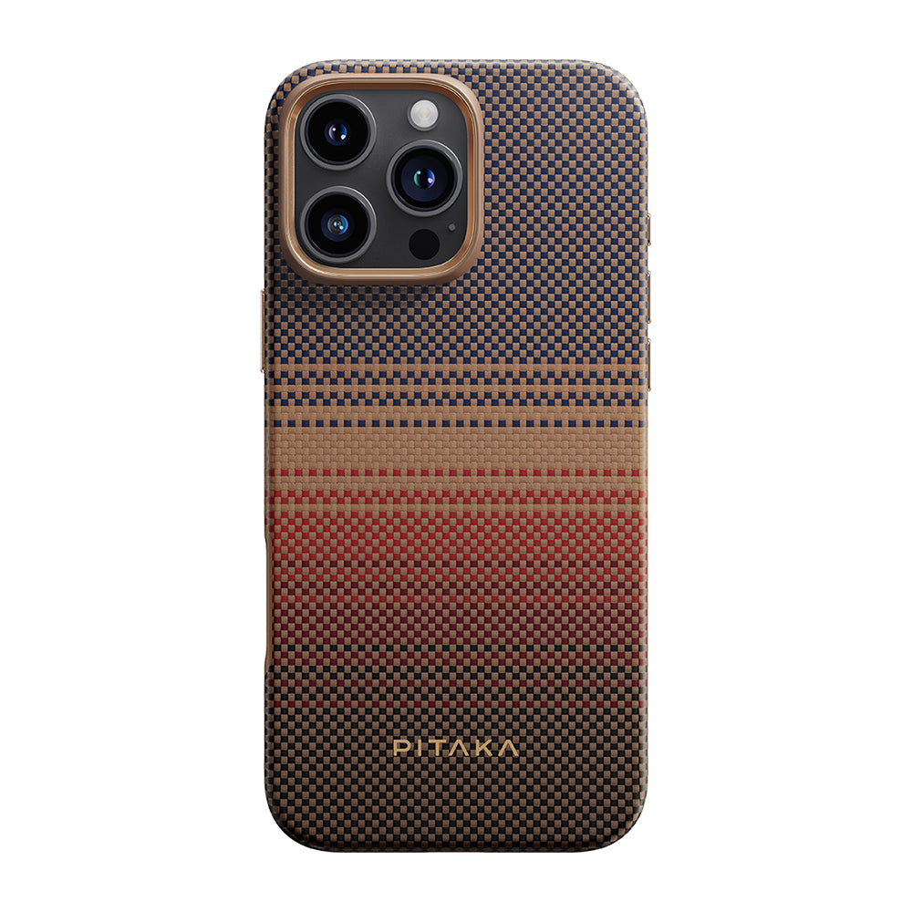 iPhone 16 Pro Kılıf Magsafe Şarj Özellikli Aramid Fiber Pitaka Military-Grade Sunset-Moonrise Serisi Sunset Kılıf Kahverengi