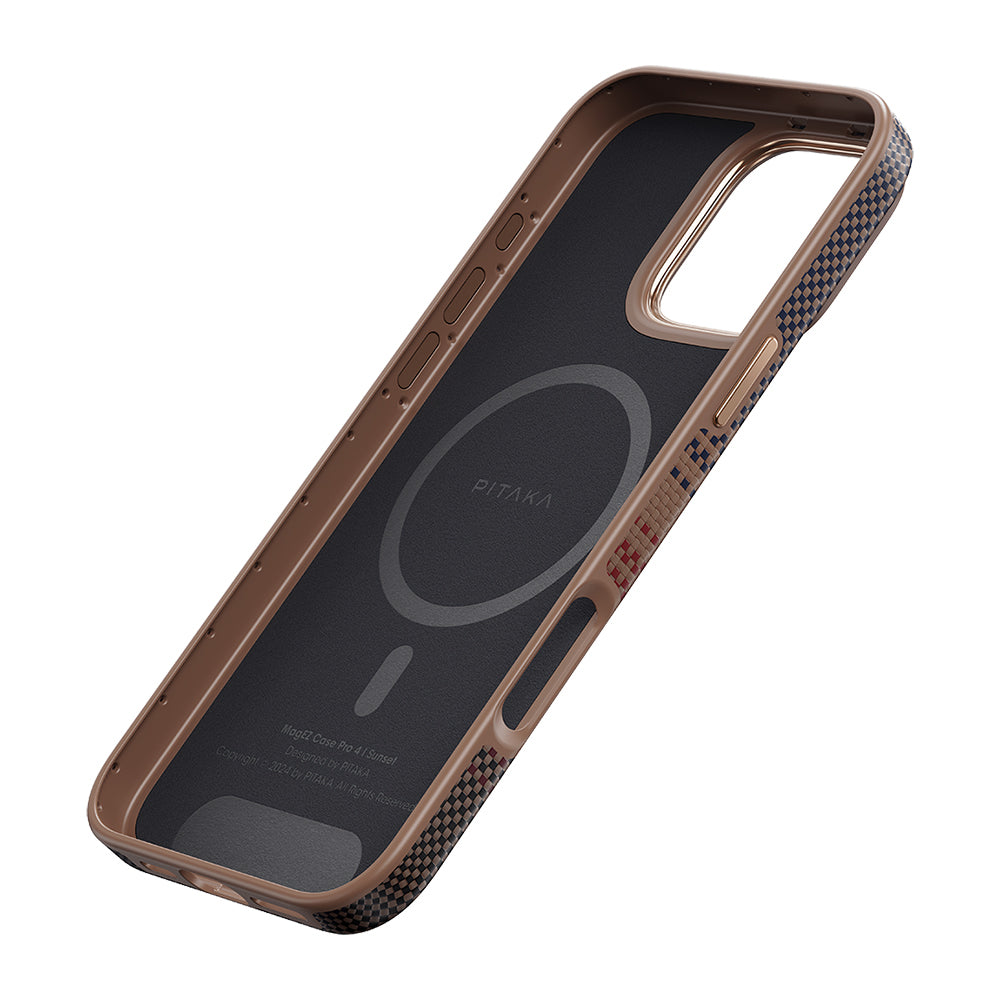 iPhone 16 Pro Kılıf Magsafe Şarj Özellikli Aramid Fiber Pitaka Military-Grade Sunset-Moonrise Serisi Sunset Kılıf Kahverengi