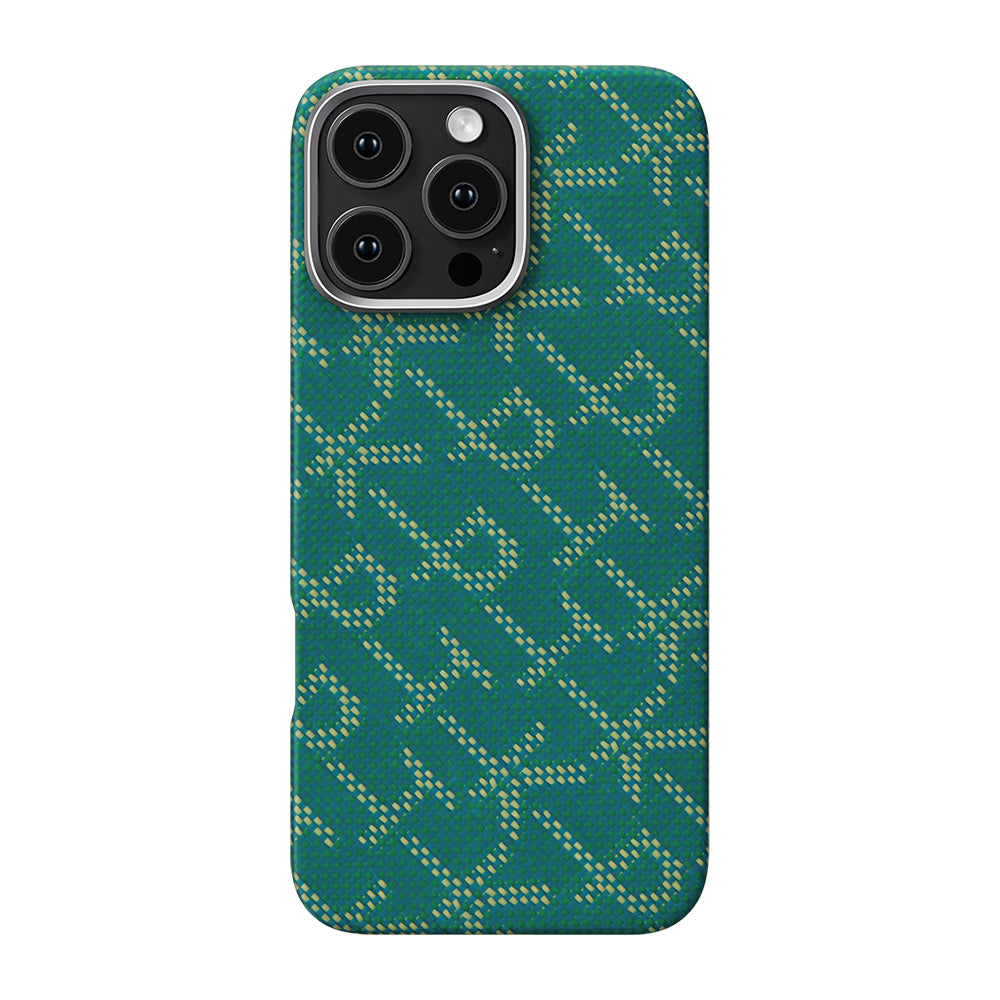 iPhone 16 Pro Kılıf MagSafe Şarj Özellikli Aramid Fiber Pitaka Tactile Woven Monogram Serisi Kılıf Yeşil