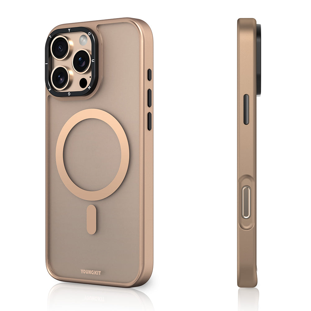 Apple iPhone 16 Pro Kılıf Magsafe Şarj Özellikli Cam Arka Yüzey TPU Youngkit Gemstone Serisi Kapak Gold