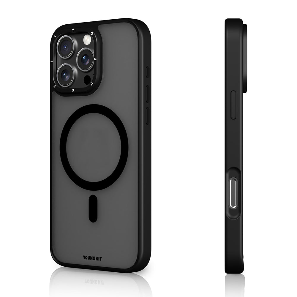Apple iPhone 16 Pro Kılıf Magsafe Şarj Özellikli Cam Arka Yüzey TPU Youngkit Gemstone Serisi Kapak Siyah