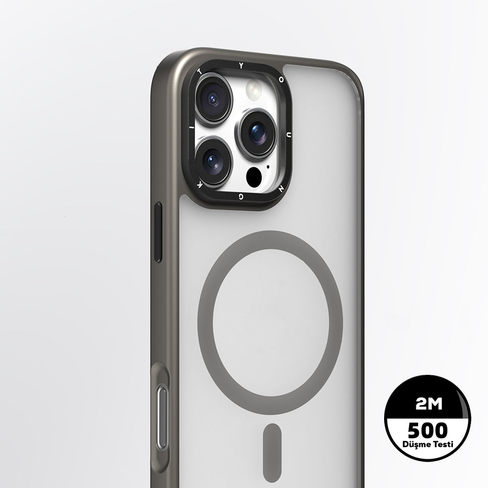 Apple iPhone 16 Pro Kılıf Magsafe Şarj Özellikli Cam Arka Yüzey TPU Youngkit Gemstone Serisi Kapak Gri