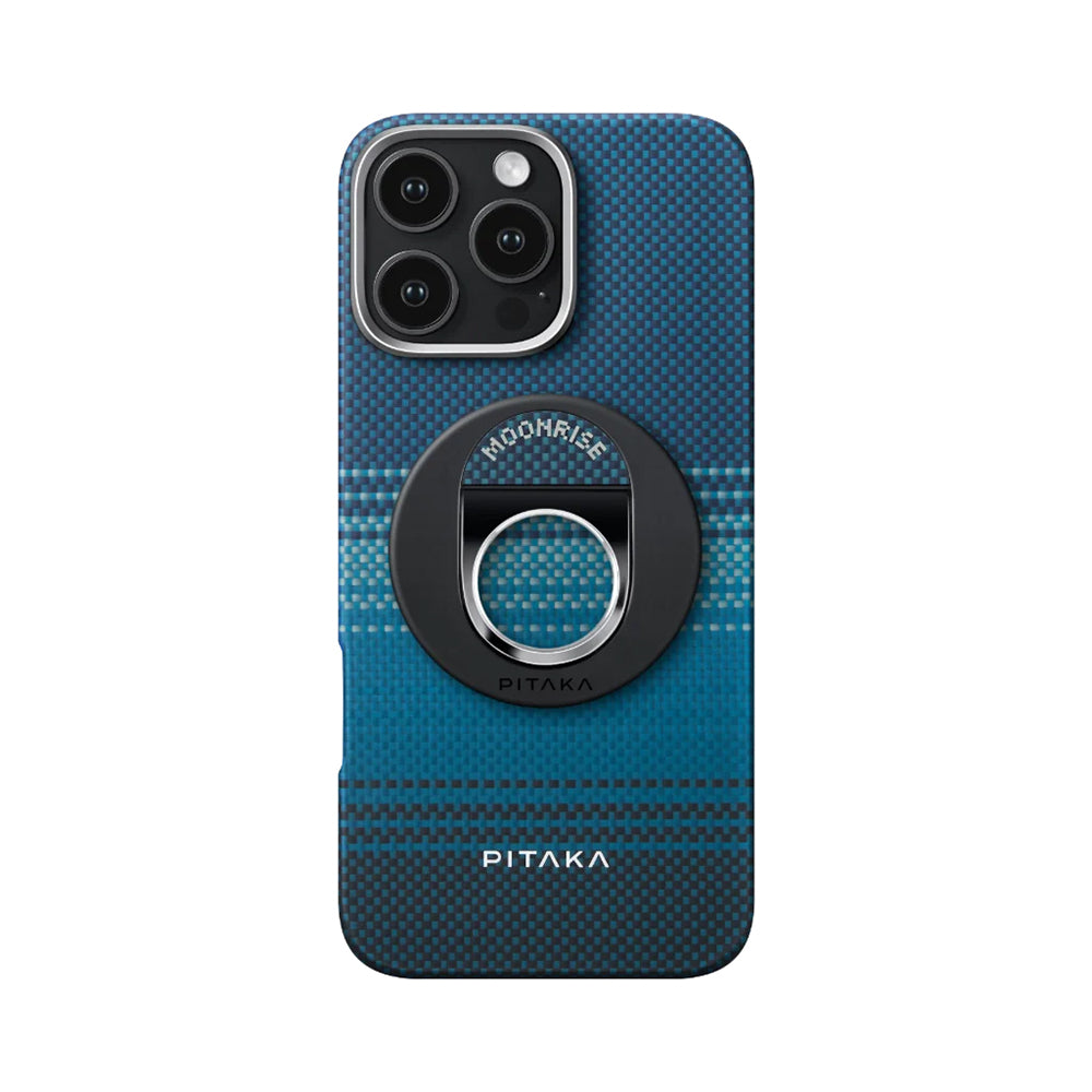 iPhone 16 Pro Kılıf Magsafe Şarj Özellikli Grip 3 Standlı Aramid Fiber Pitaka Tactile Woven Sunset-Moonrise Serisi Moonrise Kılıf Mavi