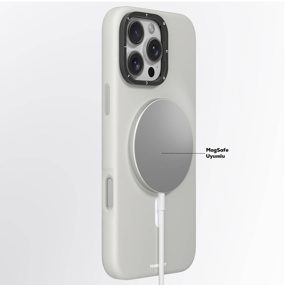 iPhone 16 Pro Kılıf Magsafe Şarj Özellikli Kamera Standlı Youngkit Bitty Cream Kılıf Gri