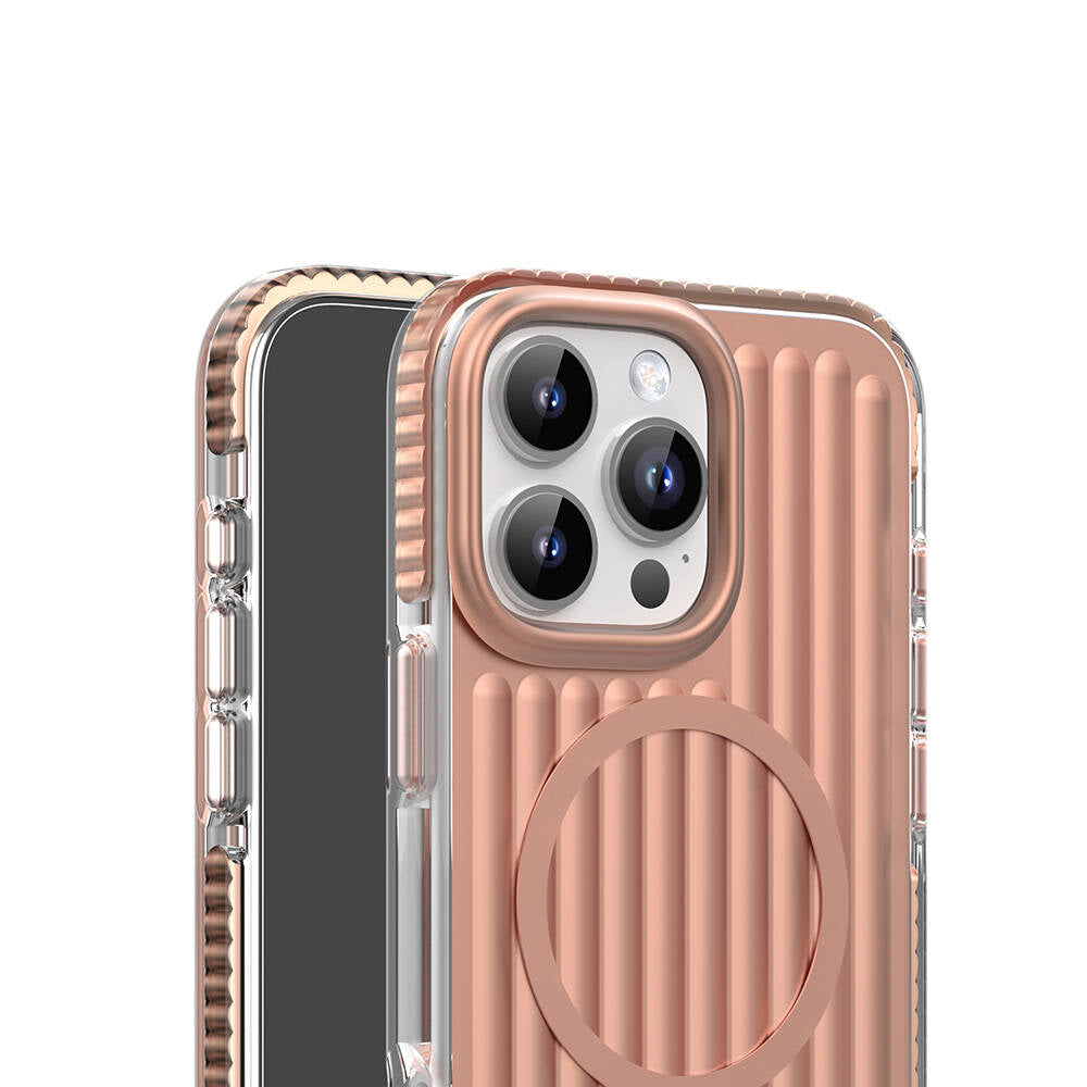 iPhone 16 Pro Kılıf Magsafe Şarj Özellikli Oyuklu Tasarım Mutural Bumpy Clear Kılıf Rose Gold