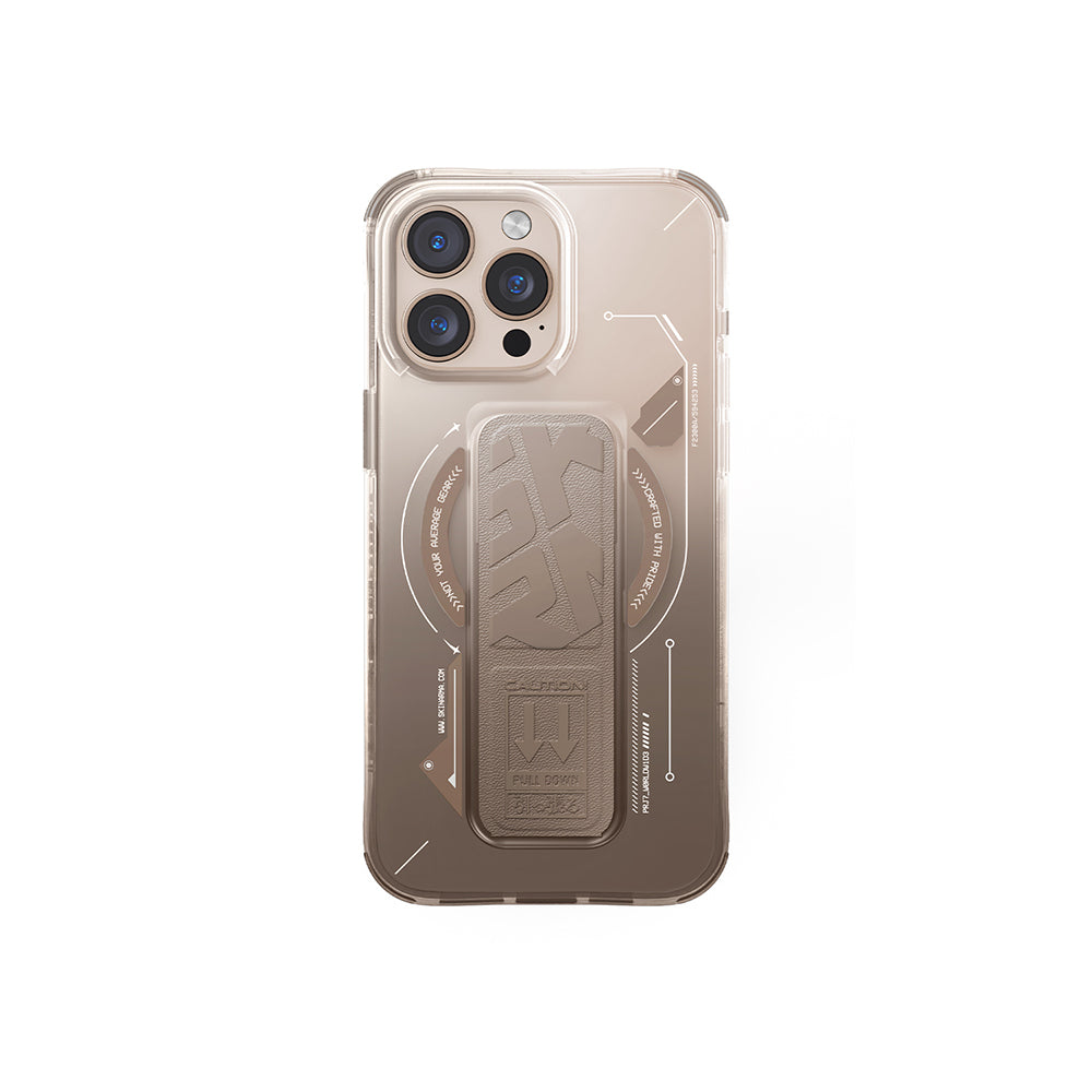 iPhone 16 Pro Kılıf Magsafe Şarj Özellikli Teknoloji Desenli Standlı Skinarma Helio Kılıf Gold