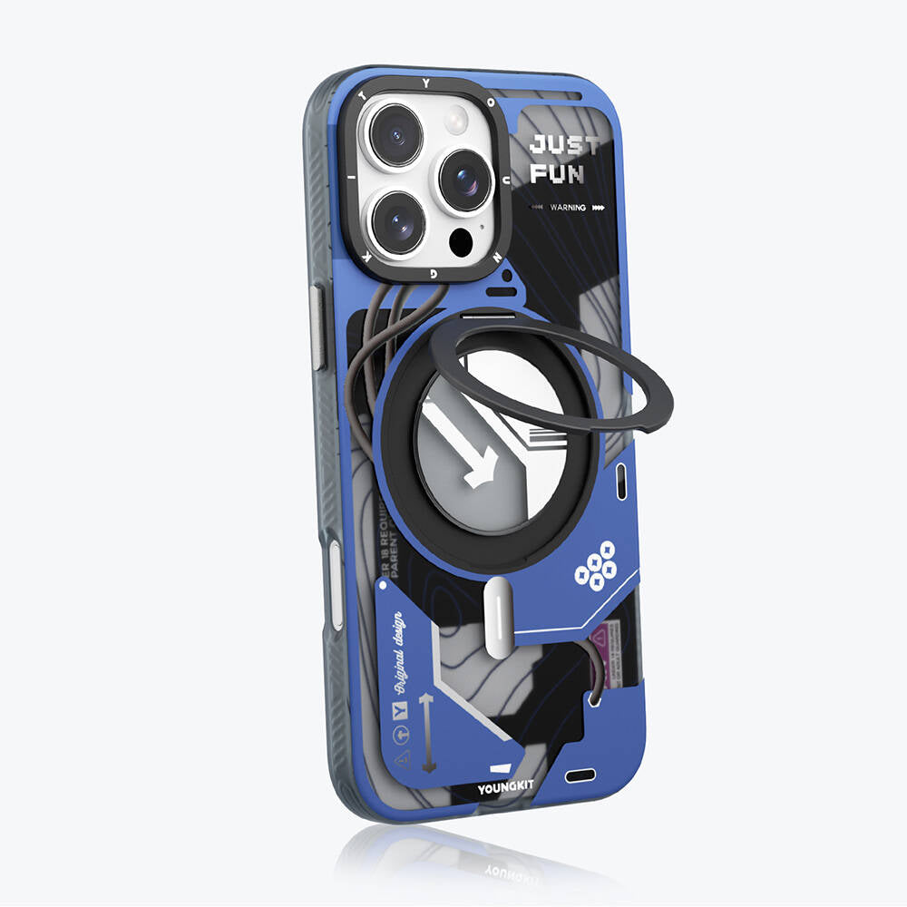 iPhone 16 Pro Kılıf Magsafe Şarj Özellikli Youngkit 360° Standlı Starship Serisi Kılıf Mavi