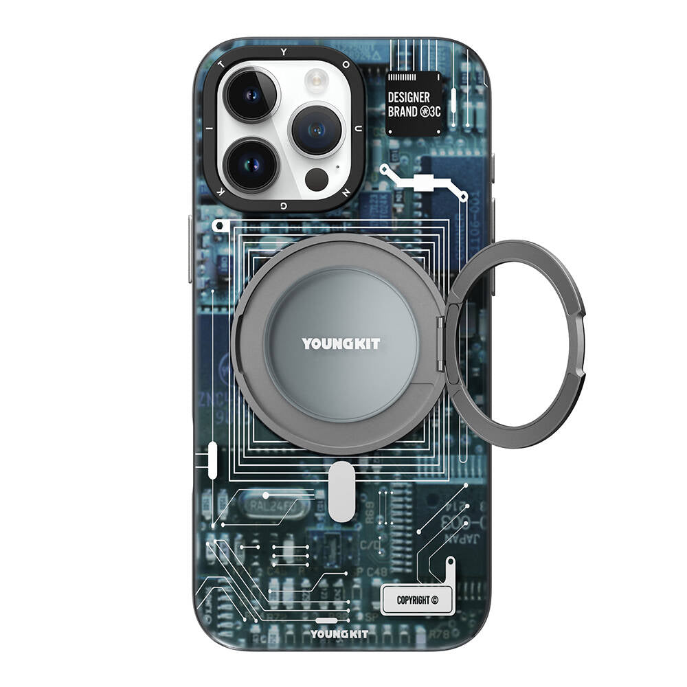 iPhone 16 Pro Kılıf Magsafe Şarj Özellikli Youngkit 360° Standlı Technology Serisi Kılıf Mavi
