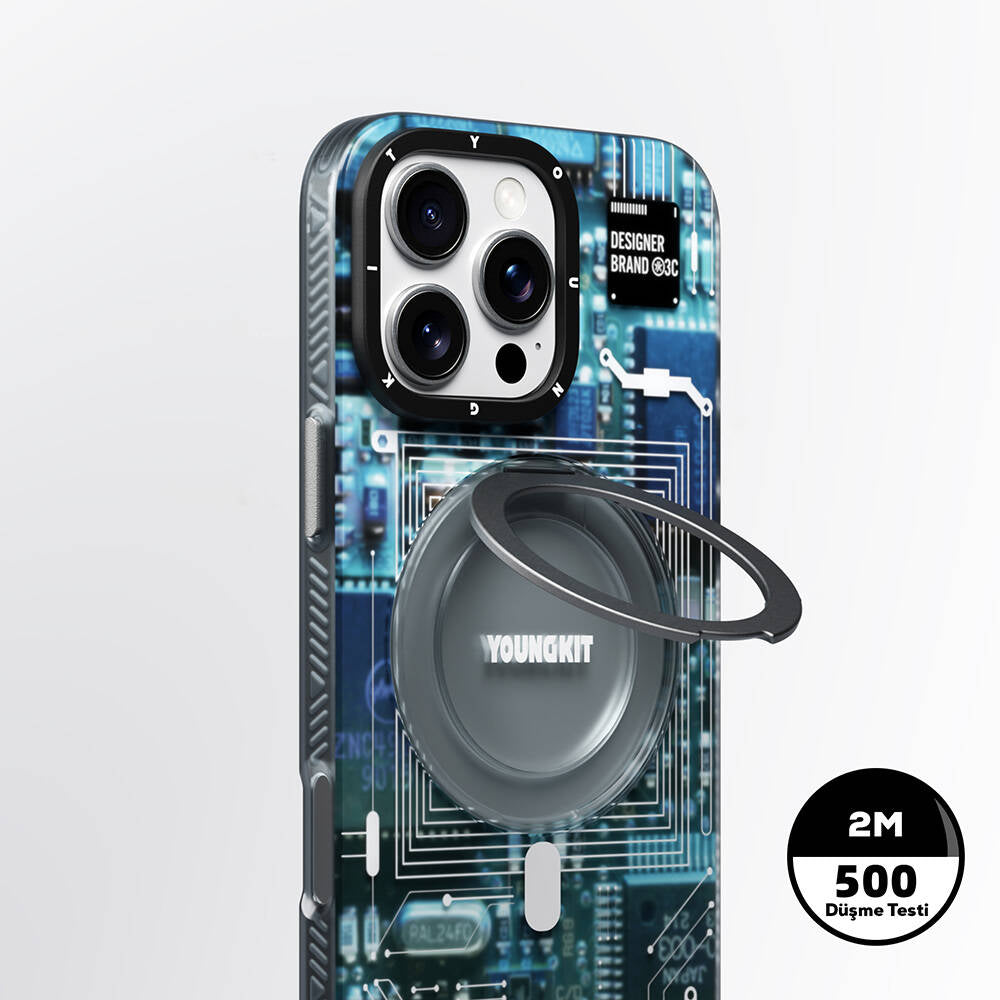 iPhone 16 Pro Kılıf Magsafe Şarj Özellikli Youngkit 360° Standlı Technology Serisi Kılıf Gri