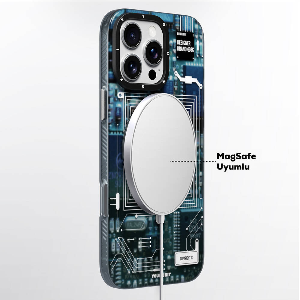 iPhone 16 Pro Kılıf Magsafe Şarj Özellikli Youngkit 360° Standlı Technology Serisi Kılıf Mavi
