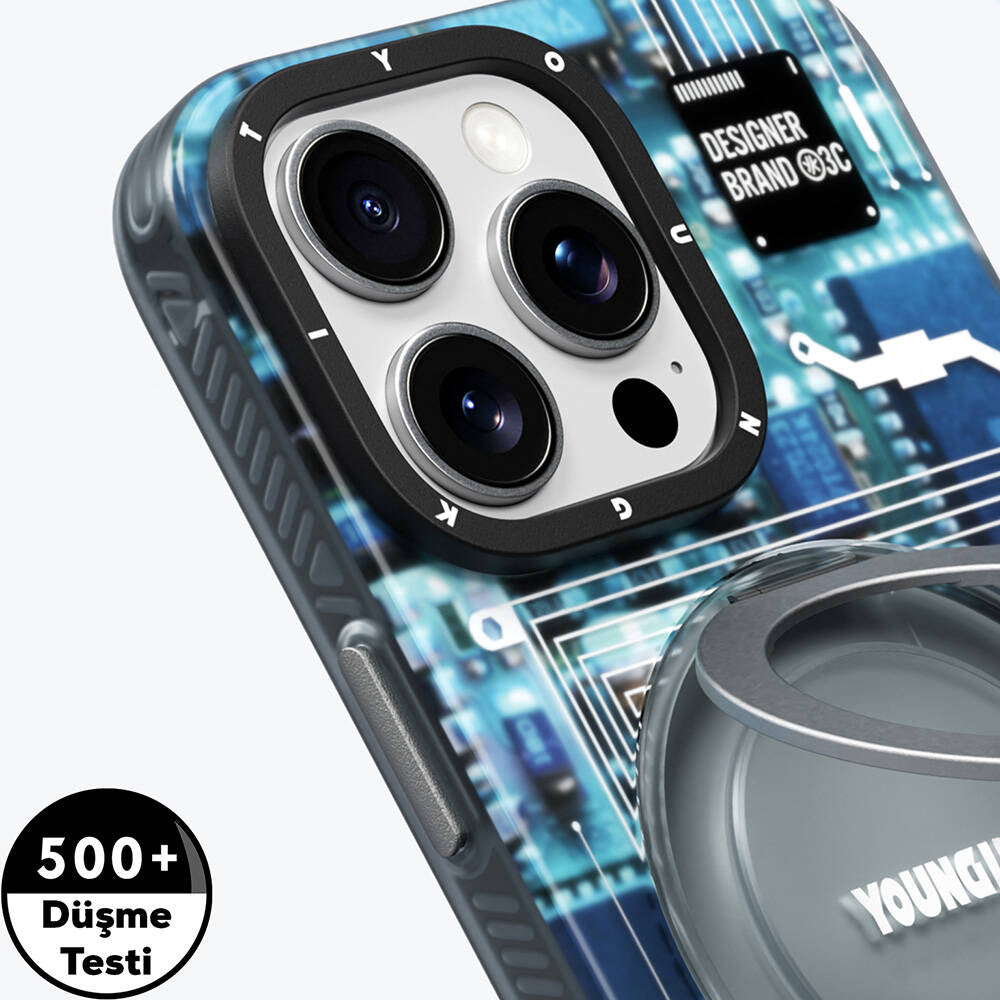 iPhone 16 Pro Kılıf Magsafe Şarj Özellikli Youngkit 360° Standlı Technology Serisi Kılıf Mavi