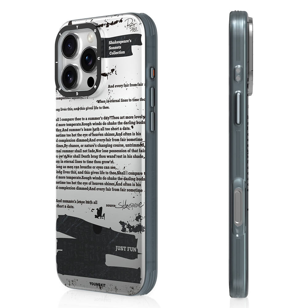 iPhone 16 Pro Kılıf Magsafe Şarj Özellikli Youngkit Literary Serisi Shakespeare Kılıf Gri