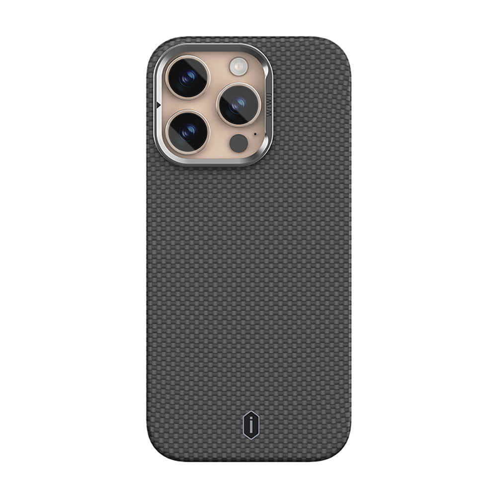 Apple iPhone 16 Pro Kılıf Wiwu DCC-208 M-safe Şarj Özellikli Kamera Standlı Aramid Fiber Tasarım Kevlar Kapak Siyah