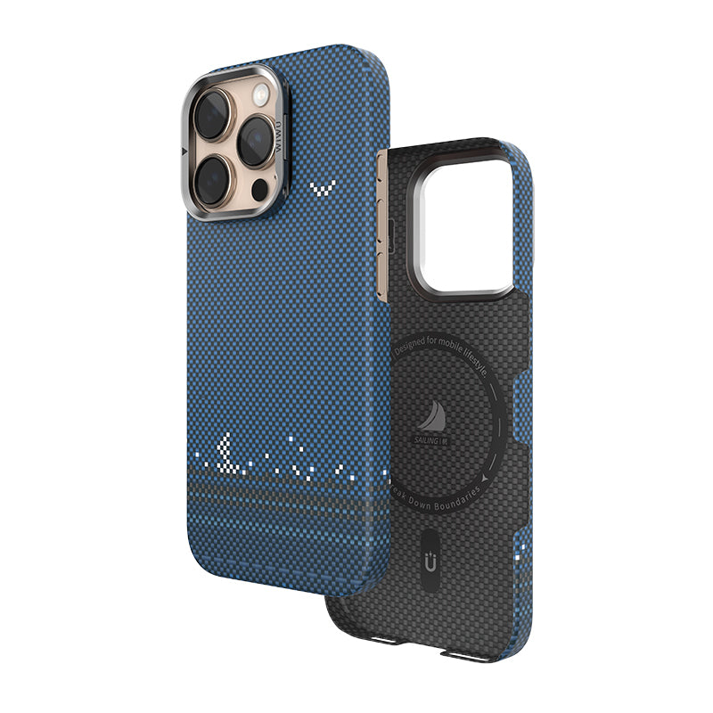 Apple iPhone 16 Pro Kılıf Wiwu DCC-209 M-safe Şarj Özellikli Kamera Standlı Aramid Fiber Tasarım Kevlar Kapak Mavi