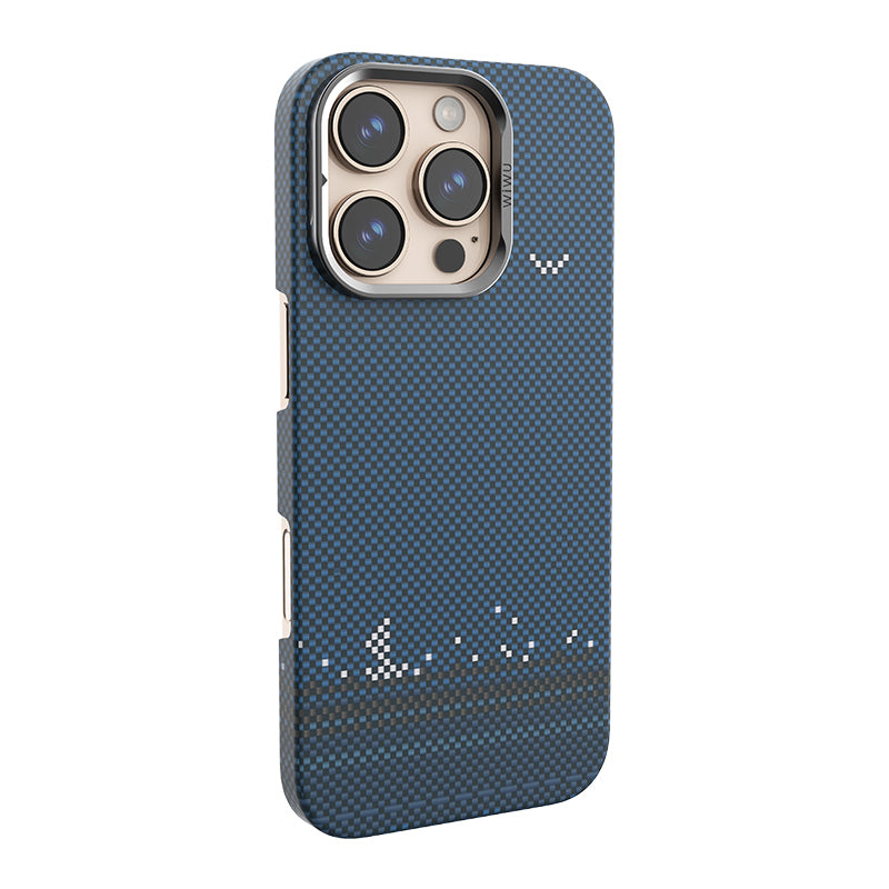 Apple iPhone 16 Pro Kılıf Wiwu DCC-209 M-safe Şarj Özellikli Kamera Standlı Aramid Fiber Tasarım Kevlar Kapak Mavi