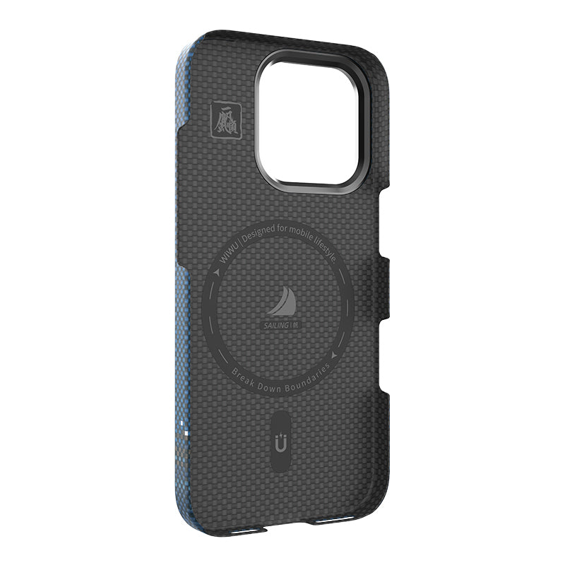 Apple iPhone 16 Pro Kılıf Wiwu DCC-209 M-safe Şarj Özellikli Kamera Standlı Aramid Fiber Tasarım Kevlar Kapak Mavi