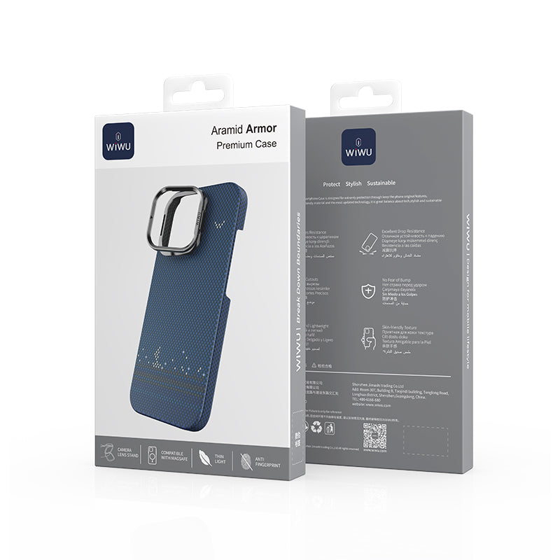 Apple iPhone 16 Pro Kılıf Wiwu DCC-209 M-safe Şarj Özellikli Kamera Standlı Aramid Fiber Tasarım Kevlar Kapak Mavi