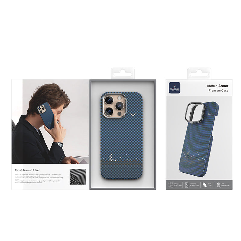 Apple iPhone 16 Pro Kılıf Wiwu DCC-209 M-safe Şarj Özellikli Kamera Standlı Aramid Fiber Tasarım Kevlar Kapak Mavi