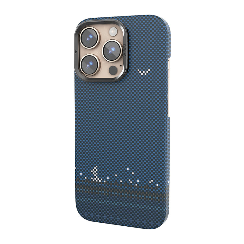 Apple iPhone 16 Pro Kılıf Wiwu DCC-209 M-safe Şarj Özellikli Kamera Standlı Aramid Fiber Tasarım Kevlar Kapak Mavi