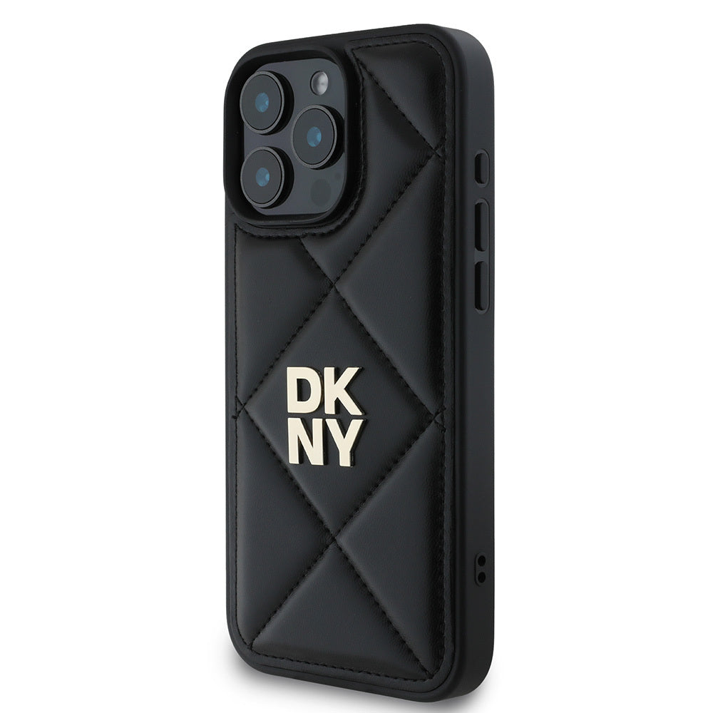 iPhone 16 Pro Max Kılıf DKNY Orjinal Lisanslı Kapitone Tasarımlı Metal Logolu Deri Kılıf Siyah