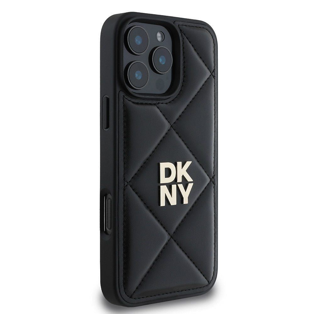 iPhone 16 Pro Max Kılıf DKNY Orjinal Lisanslı Kapitone Tasarımlı Metal Logolu Deri Kılıf Siyah
