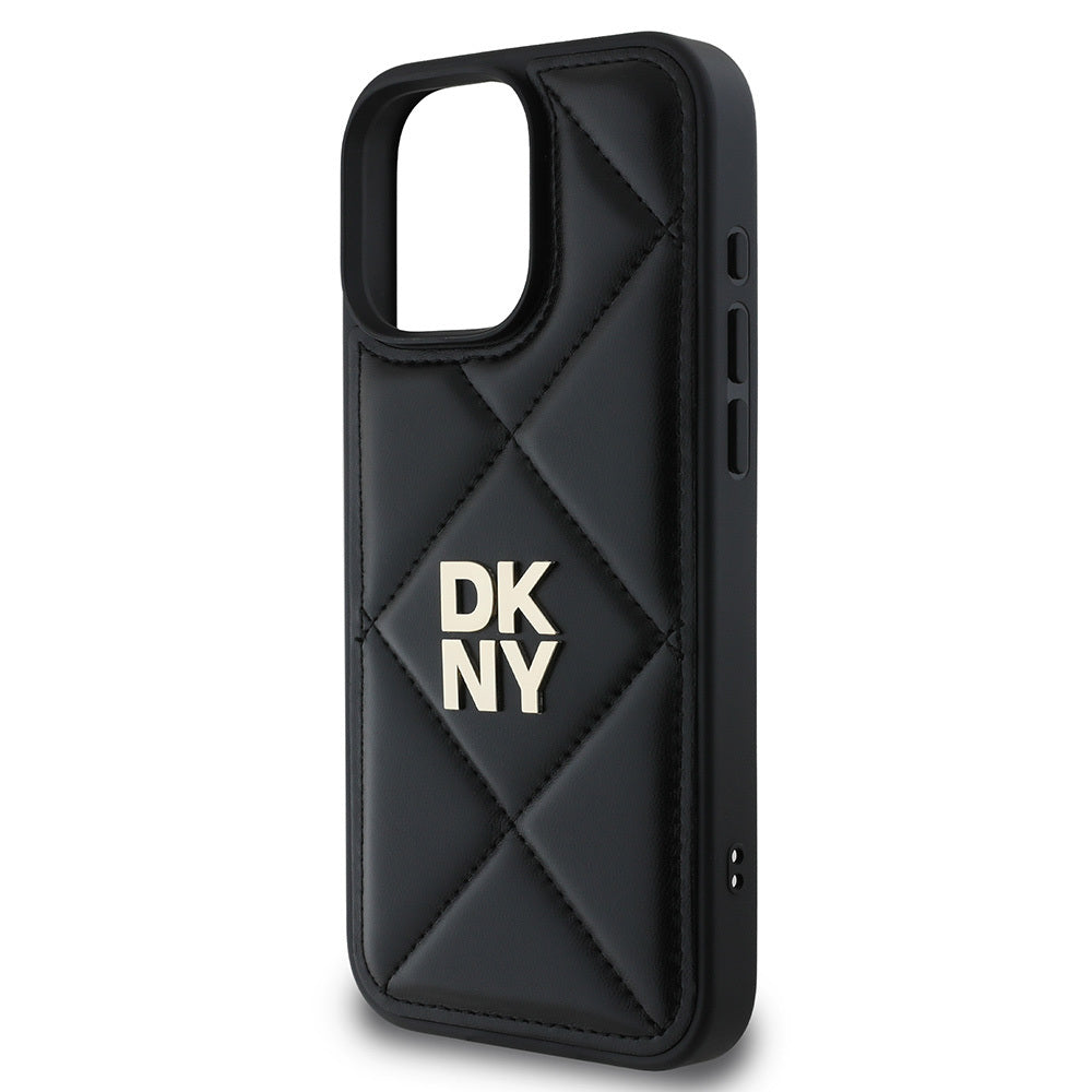iPhone 16 Pro Max Kılıf DKNY Orjinal Lisanslı Kapitone Tasarımlı Metal Logolu Deri Kılıf Siyah