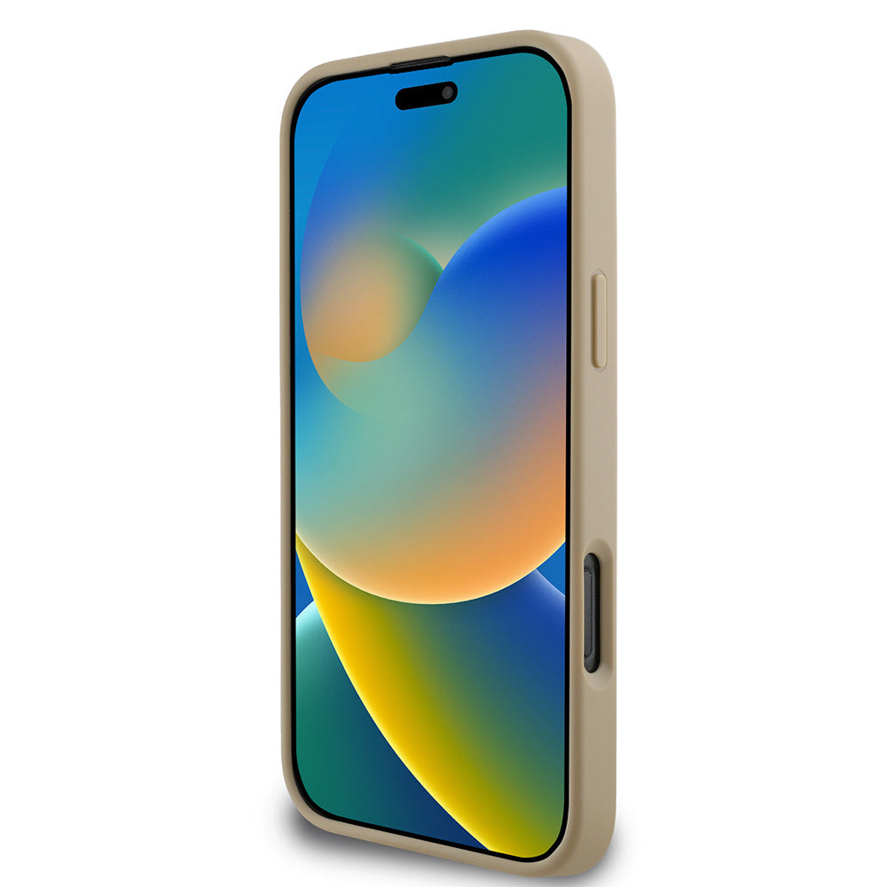 iPhone 16 Pro Max Kılıf DKNY Orjinal Lisanslı Kapitone Tasarımlı Metal Logolu Deri Kılıf Bej