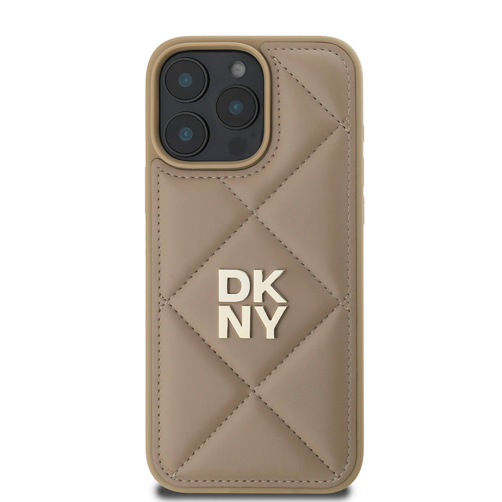 iPhone 16 Pro Max Kılıf DKNY Orjinal Lisanslı Kapitone Tasarımlı Metal Logolu Deri Kılıf Bej