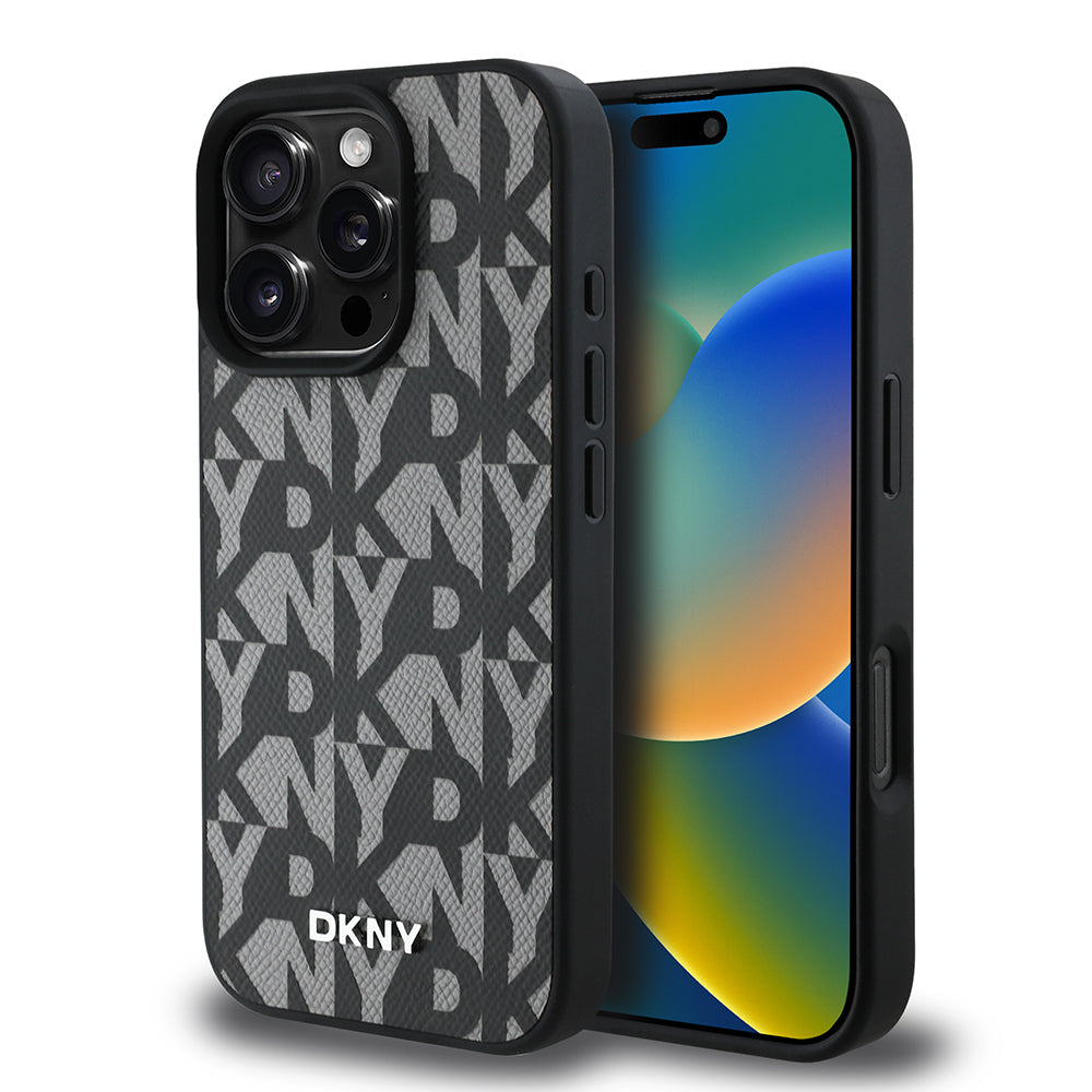 Apple iPhone 16 Pro Max Kılıf DKNY Orjinal Lisanslı M-safe Şarj Özellikli 3D Yazılı Grid Pattern Kapak Gri