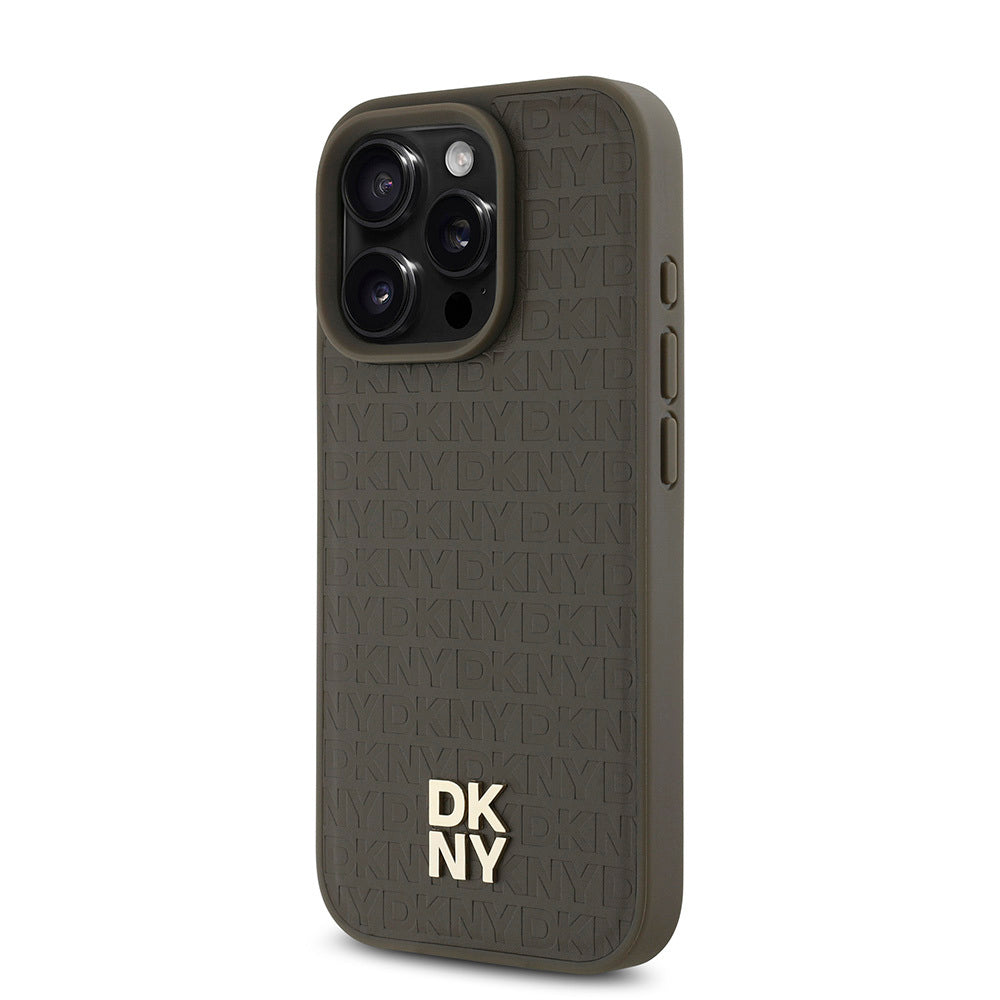 iPhone 16 Pro Max Kılıf DKNY Orjinal Lisanslı Magsafe Şarj Özellikli 3D Yazılı Repeat Pattern Kılıf Kahverengi