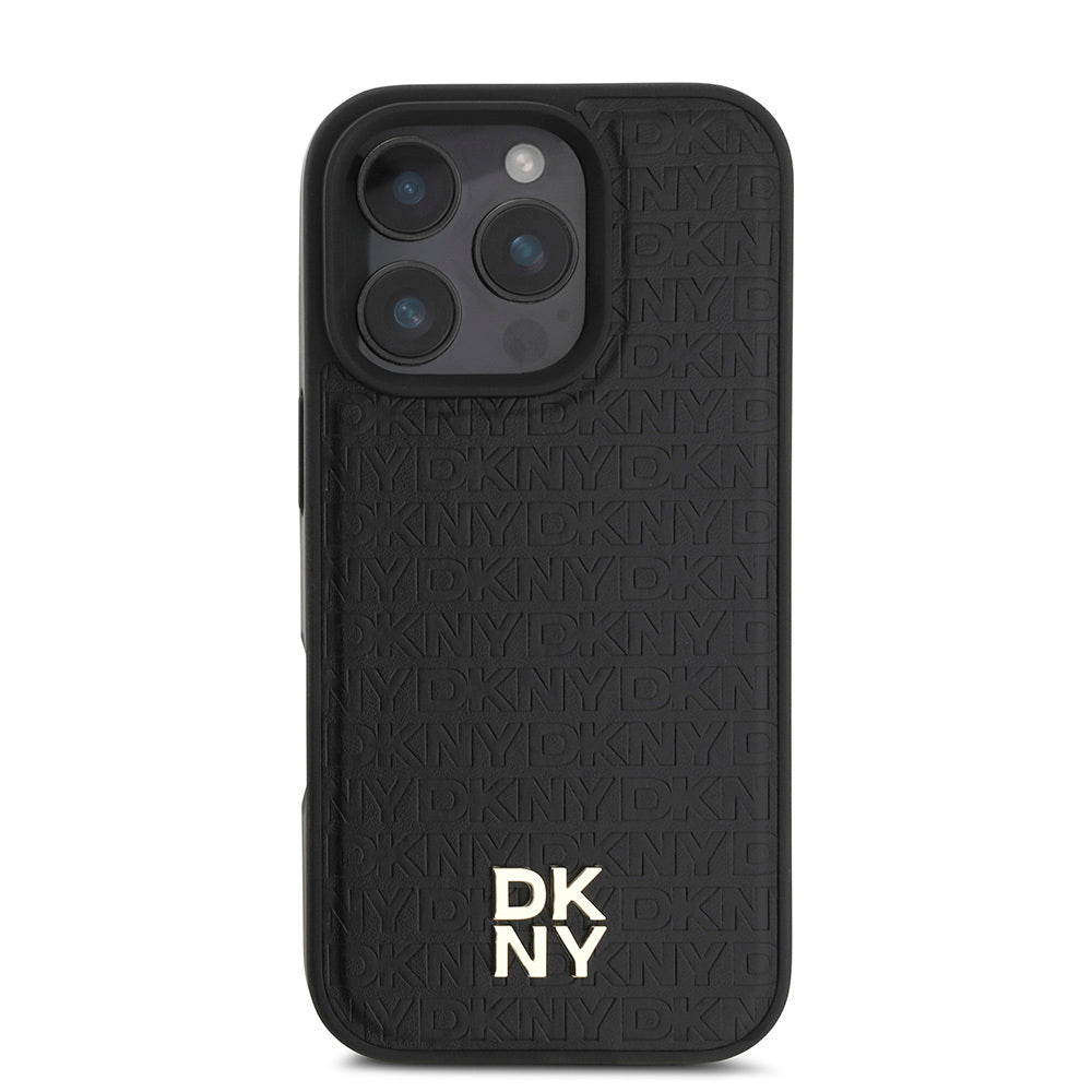 iPhone 16 Pro Max Kılıf DKNY Orjinal Lisanslı Magsafe Şarj Özellikli 3D Yazılı Repeat Pattern Kılıf Siyah