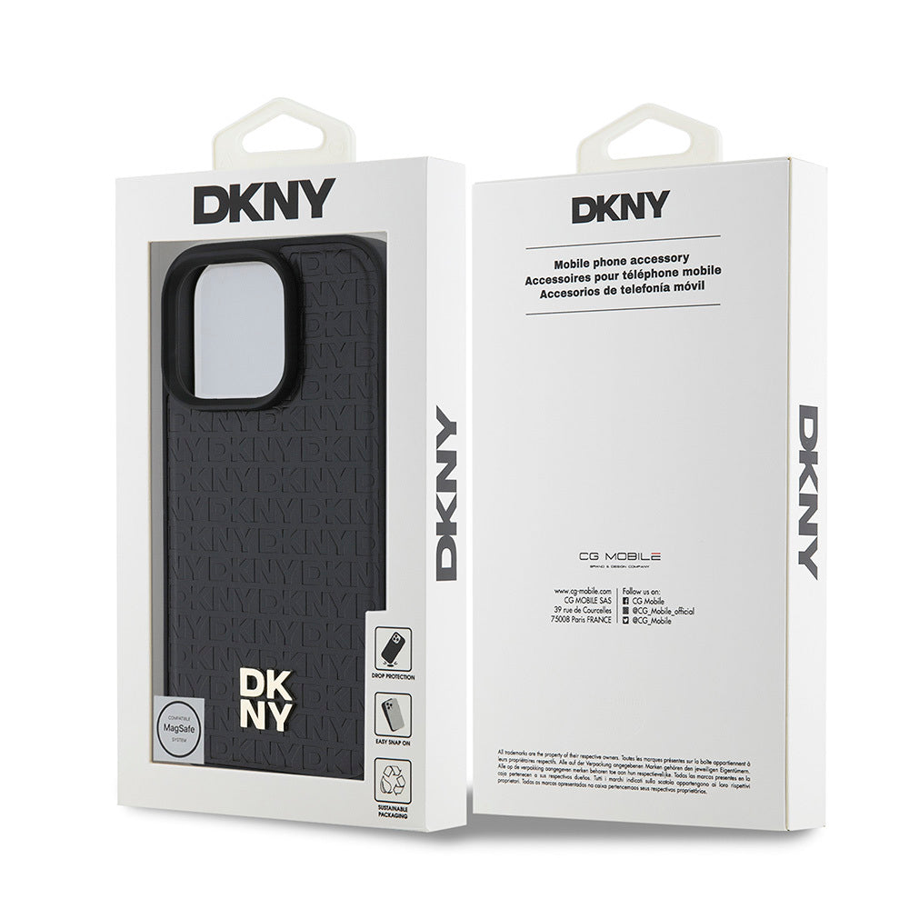 iPhone 16 Pro Max Kılıf DKNY Orjinal Lisanslı Magsafe Şarj Özellikli 3D Yazılı Repeat Pattern Kılıf Siyah