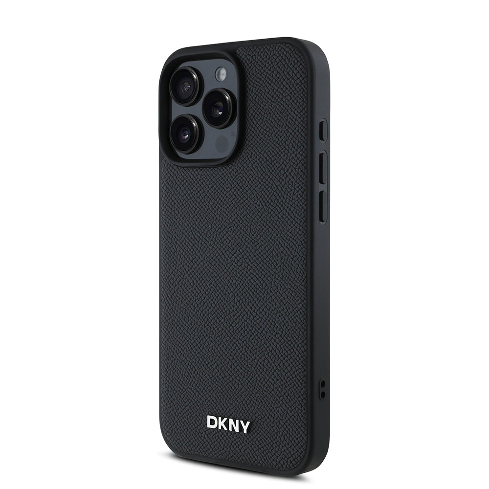 iPhone 16 Pro Max Kılıf DKNY Orjinal Lisanslı Magsafe Şarj Özellikli Metal Logolu PU Deri Grained Kılıf Siyah
