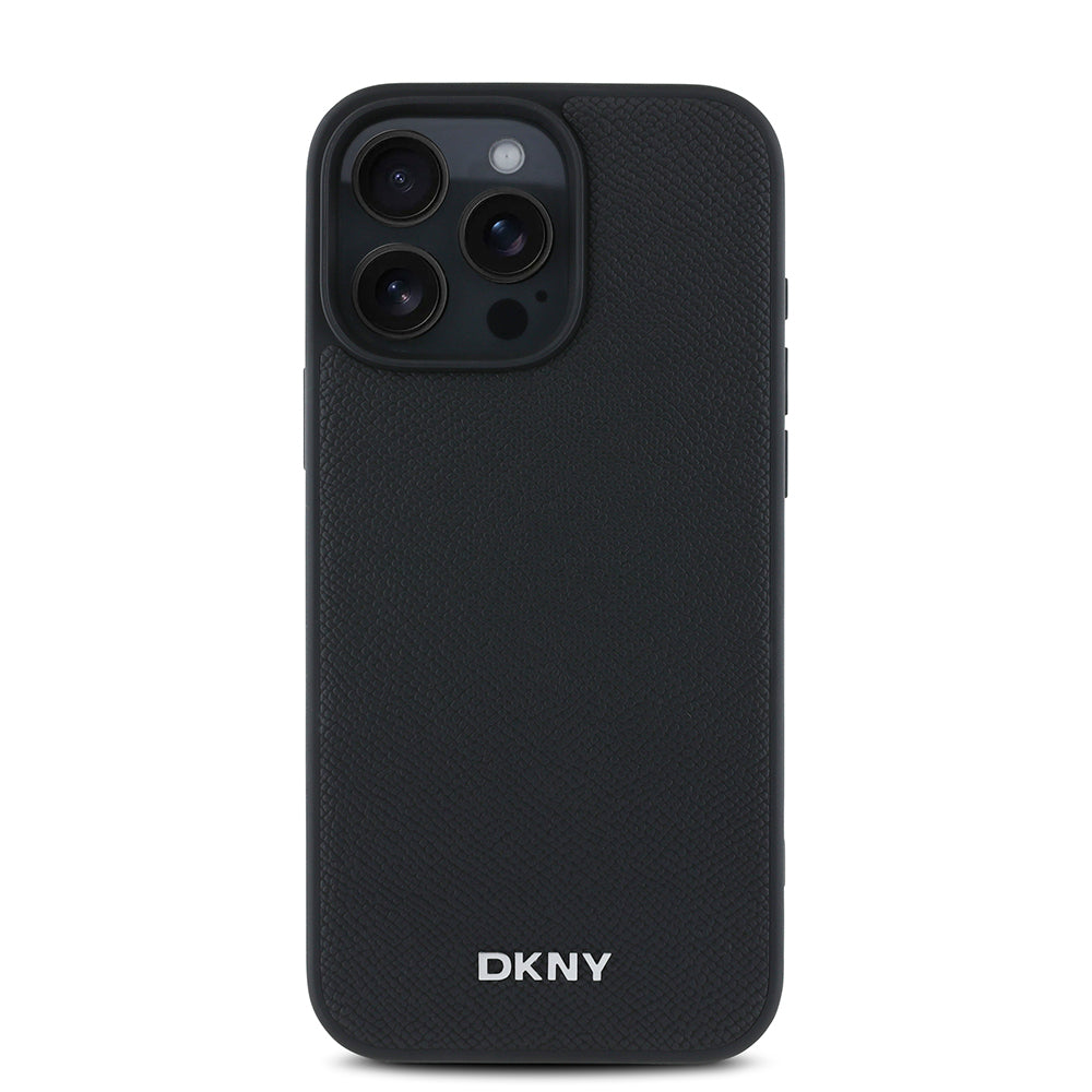 iPhone 16 Pro Max Kılıf DKNY Orjinal Lisanslı Magsafe Şarj Özellikli Metal Logolu PU Deri Grained Kılıf Siyah