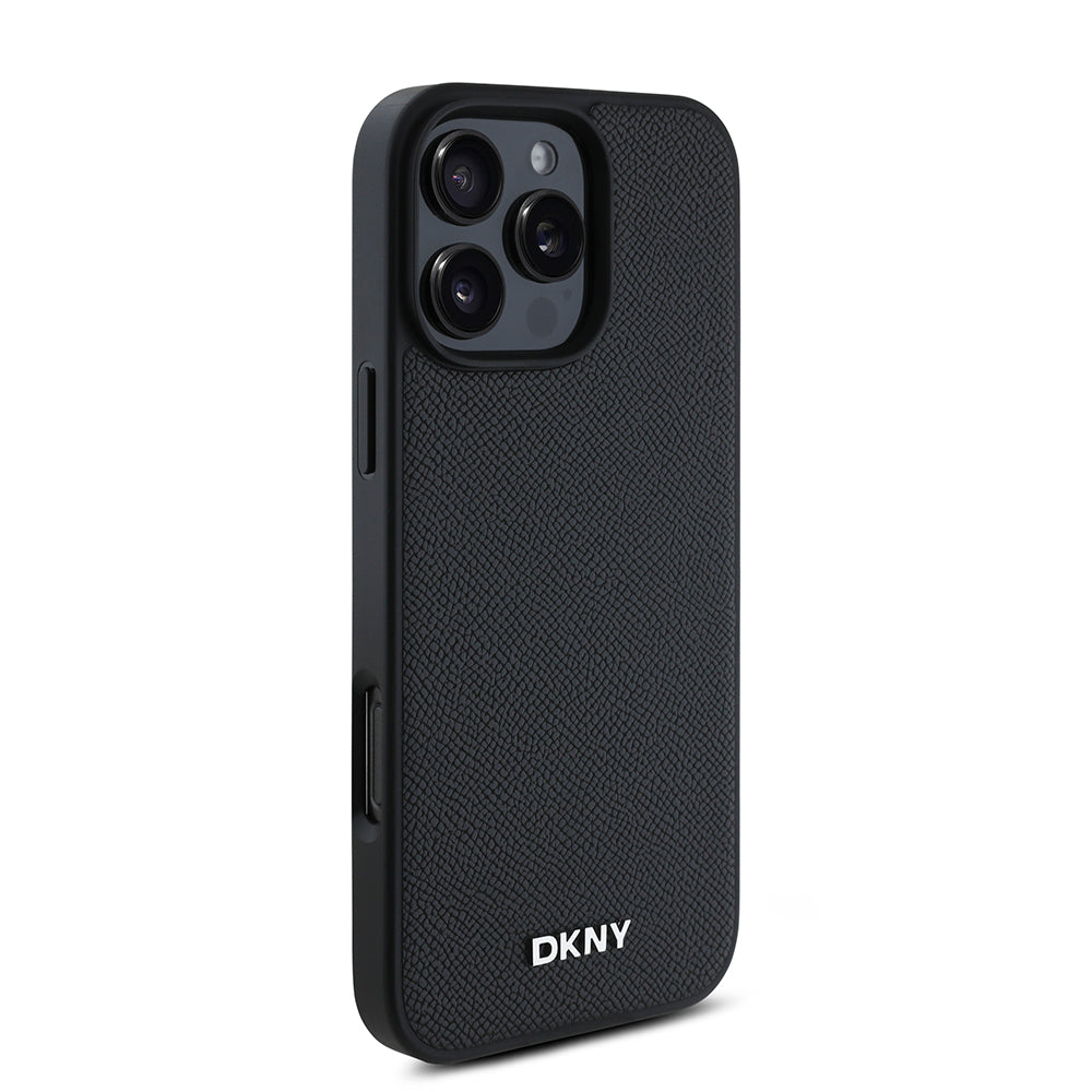 iPhone 16 Pro Max Kılıf DKNY Orjinal Lisanslı Magsafe Şarj Özellikli Metal Logolu PU Deri Grained Kılıf Siyah