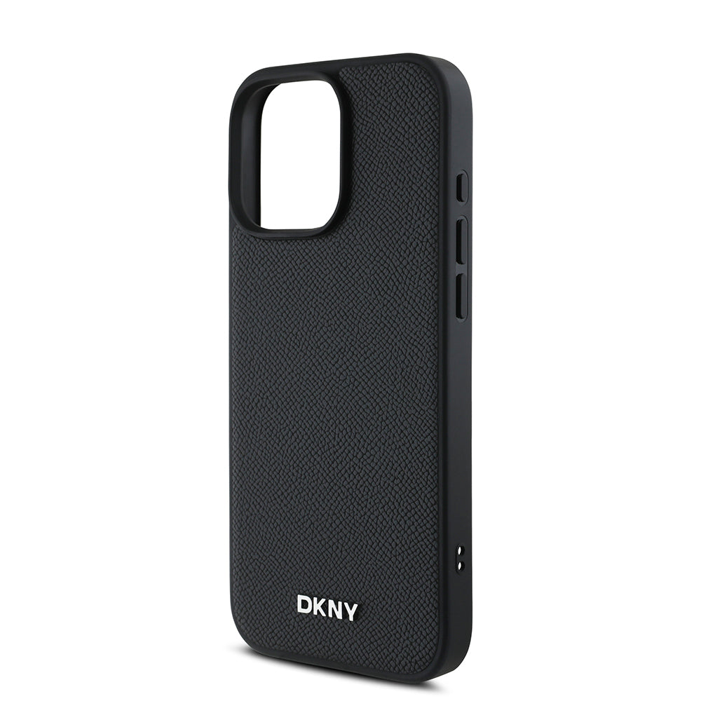 iPhone 16 Pro Max Kılıf DKNY Orjinal Lisanslı Magsafe Şarj Özellikli Metal Logolu PU Deri Grained Kılıf Siyah