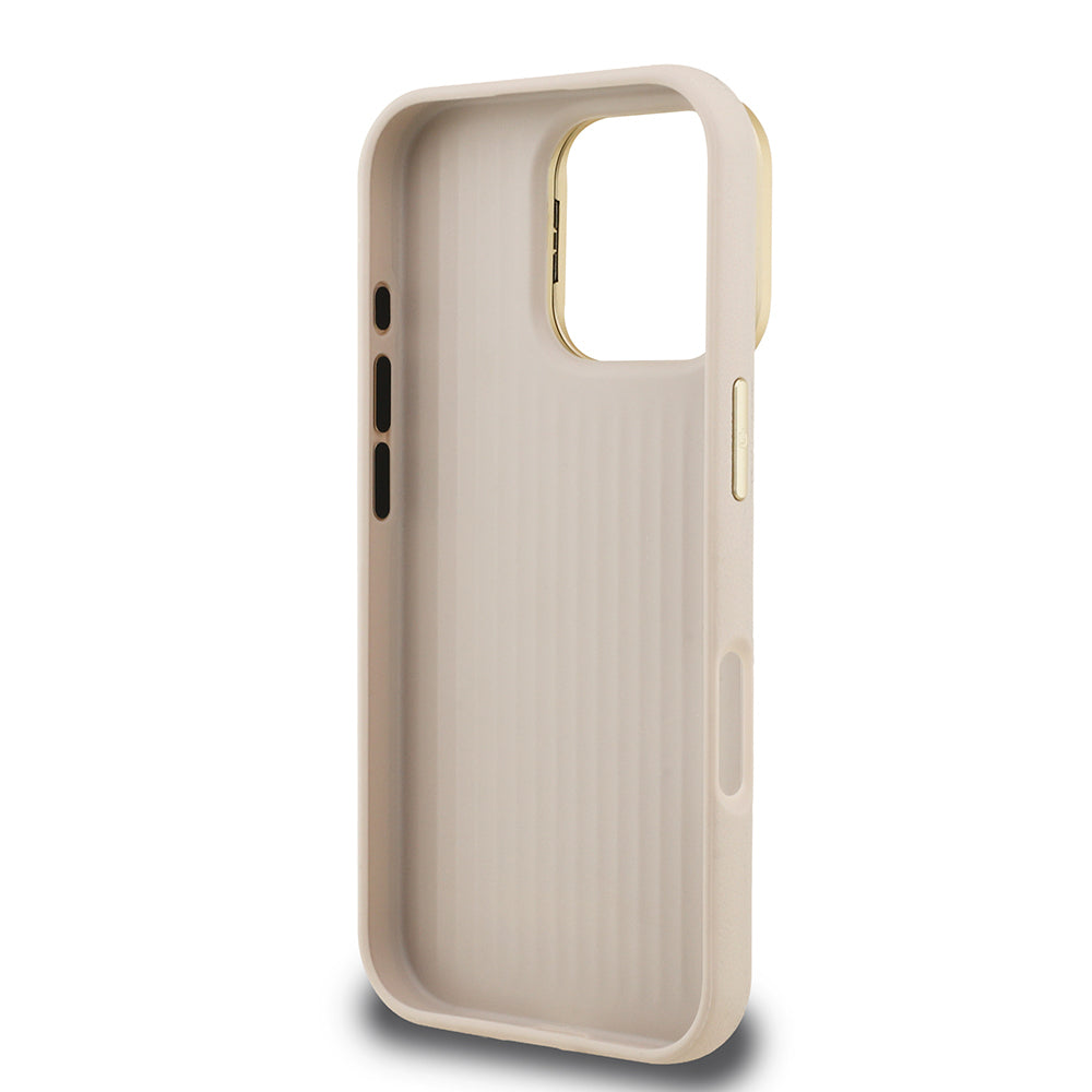 Apple iPhone 16 Pro Max Kılıf Guess Orjinal Lisanslı Grained Yazı Logolu Kamera Standlı Kapak Bej