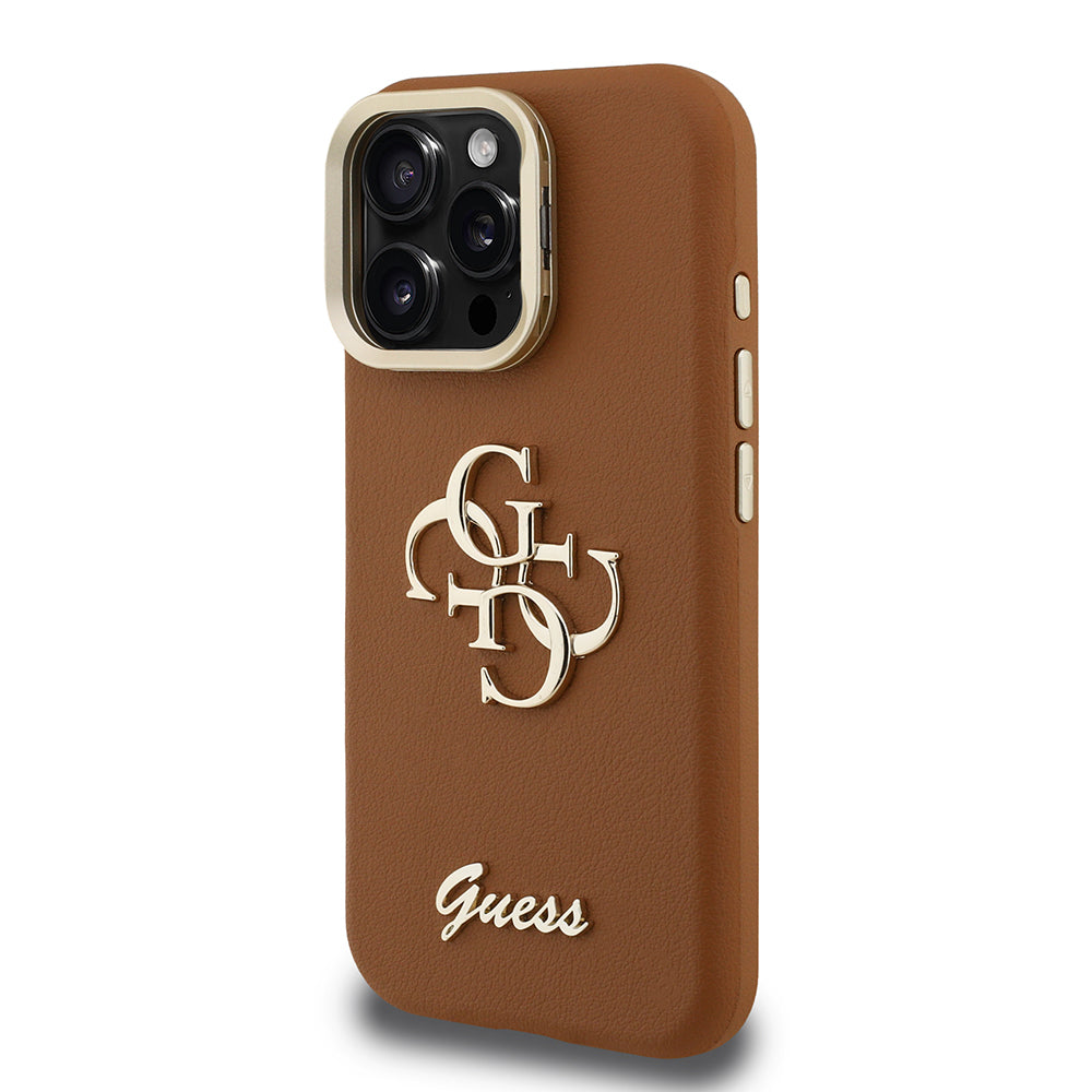 Apple iPhone 16 Pro Max Kılıf Guess Orjinal Lisanslı Grained Yazı Logolu Kamera Standlı Kapak Kahverengi
