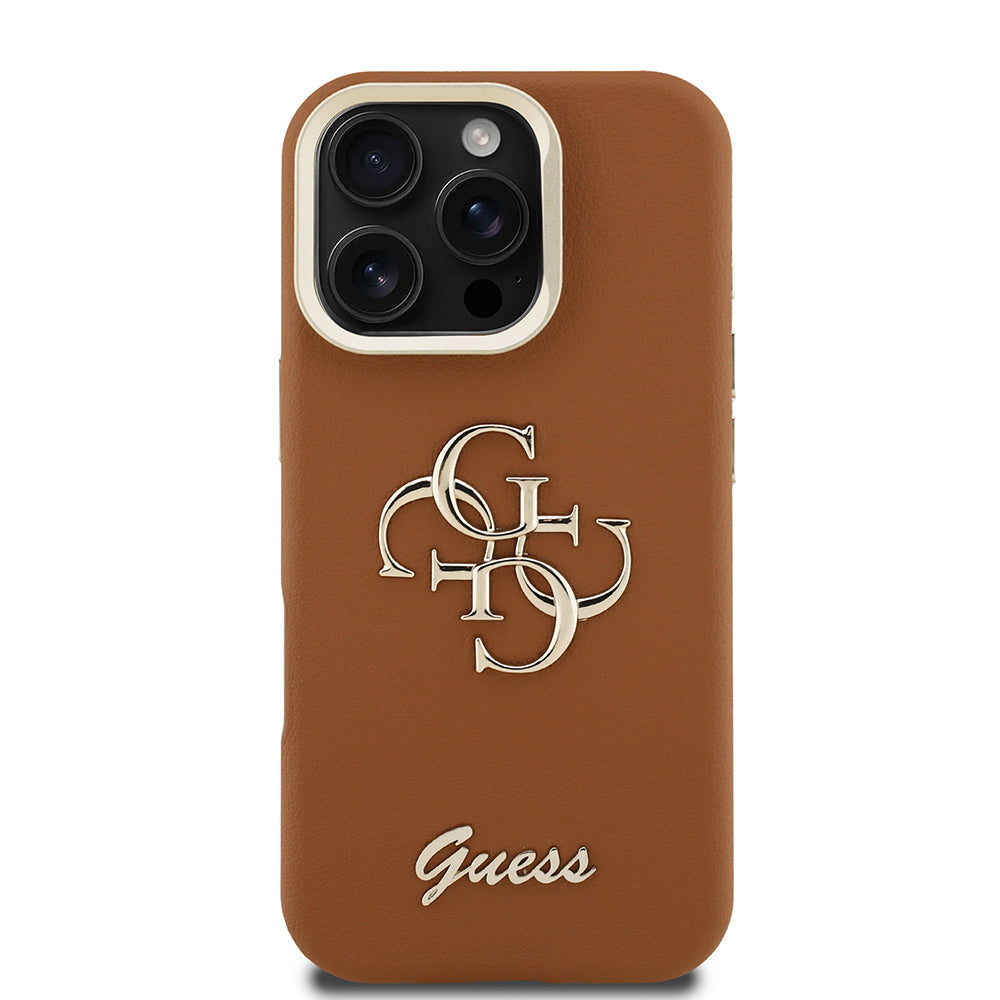 Apple iPhone 16 Pro Max Kılıf Guess Orjinal Lisanslı Grained Yazı Logolu Kamera Standlı Kapak Kahverengi