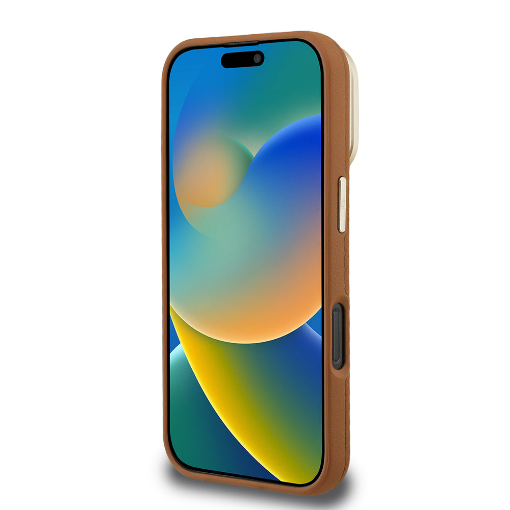 Apple iPhone 16 Pro Max Kılıf Guess Orjinal Lisanslı Grained Yazı Logolu Kamera Standlı Kapak Kahverengi