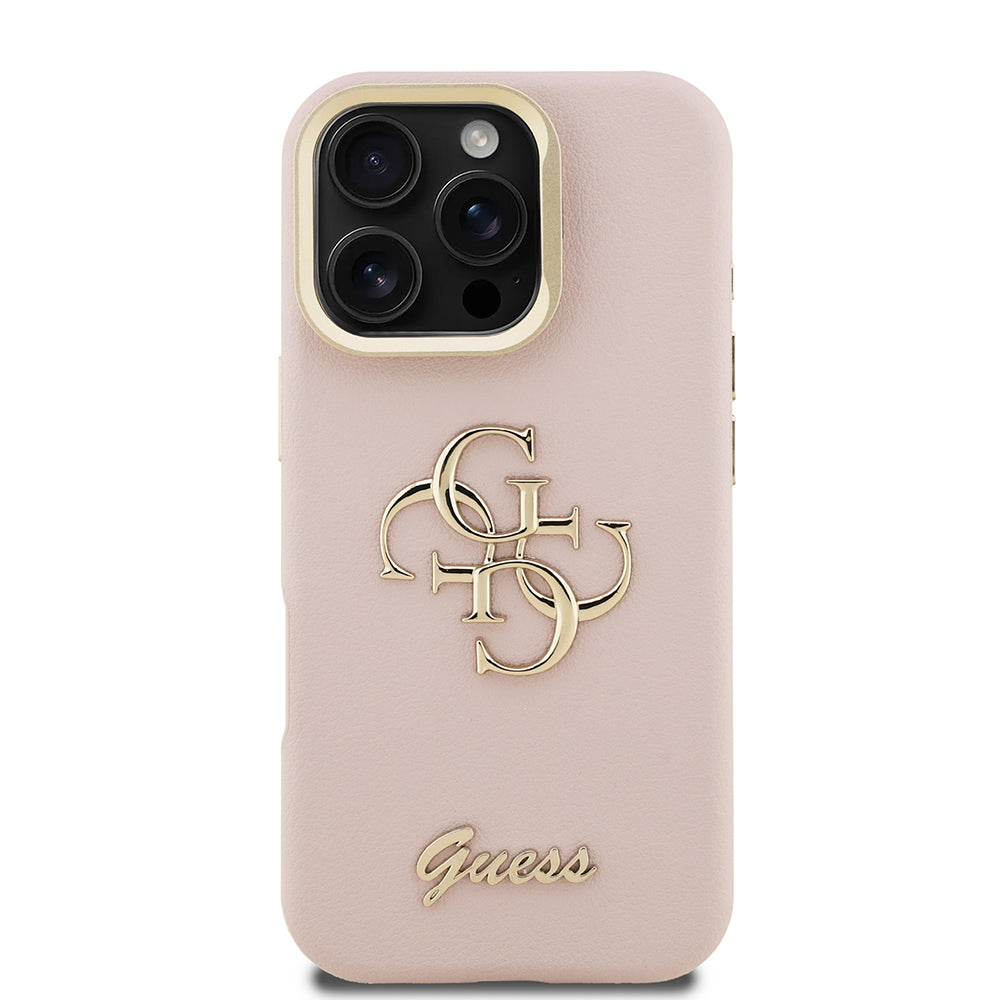 Apple iPhone 16 Pro Max Kılıf Guess Orjinal Lisanslı Grained Yazı Logolu Kamera Standlı Kapak Pembe