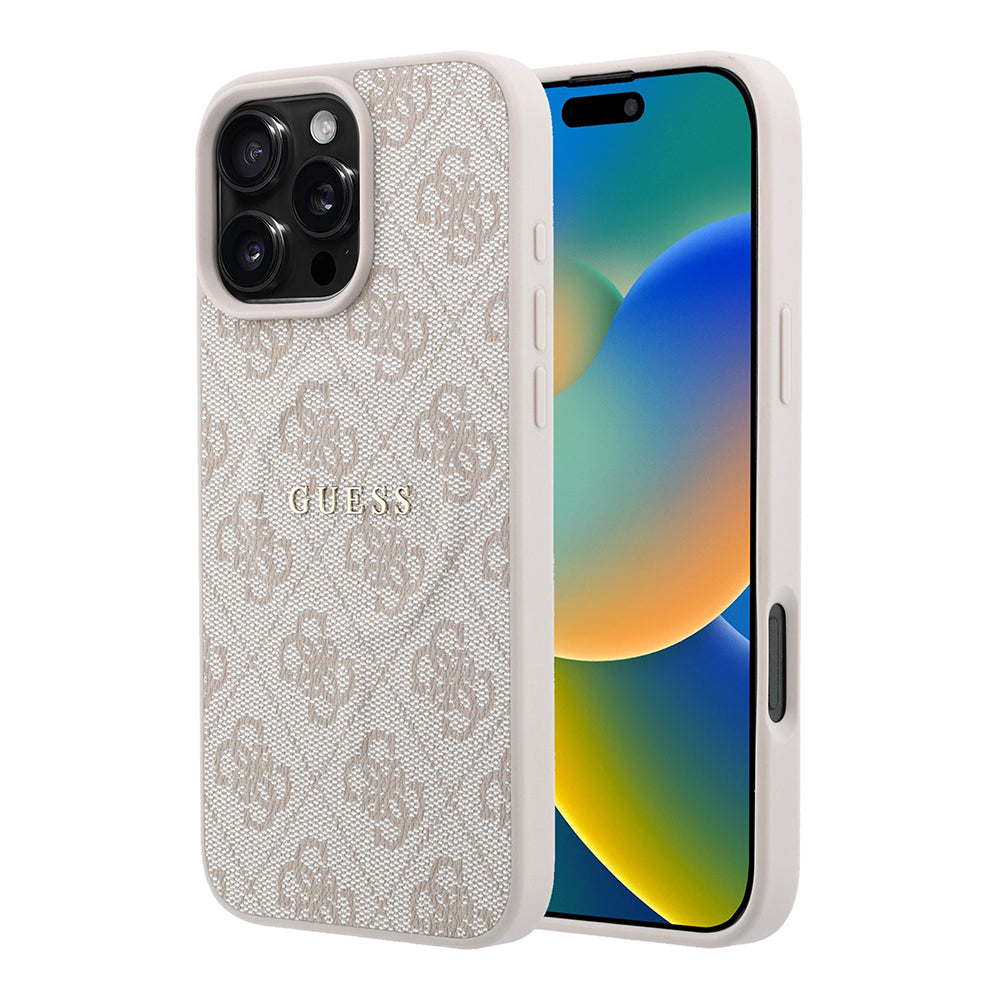 Apple iPhone 16 Pro Max Kılıf Guess Orjinal Lisanslı M-safe Kabartmalı 4G Desenli Yazı Logolu Kapak Pembe