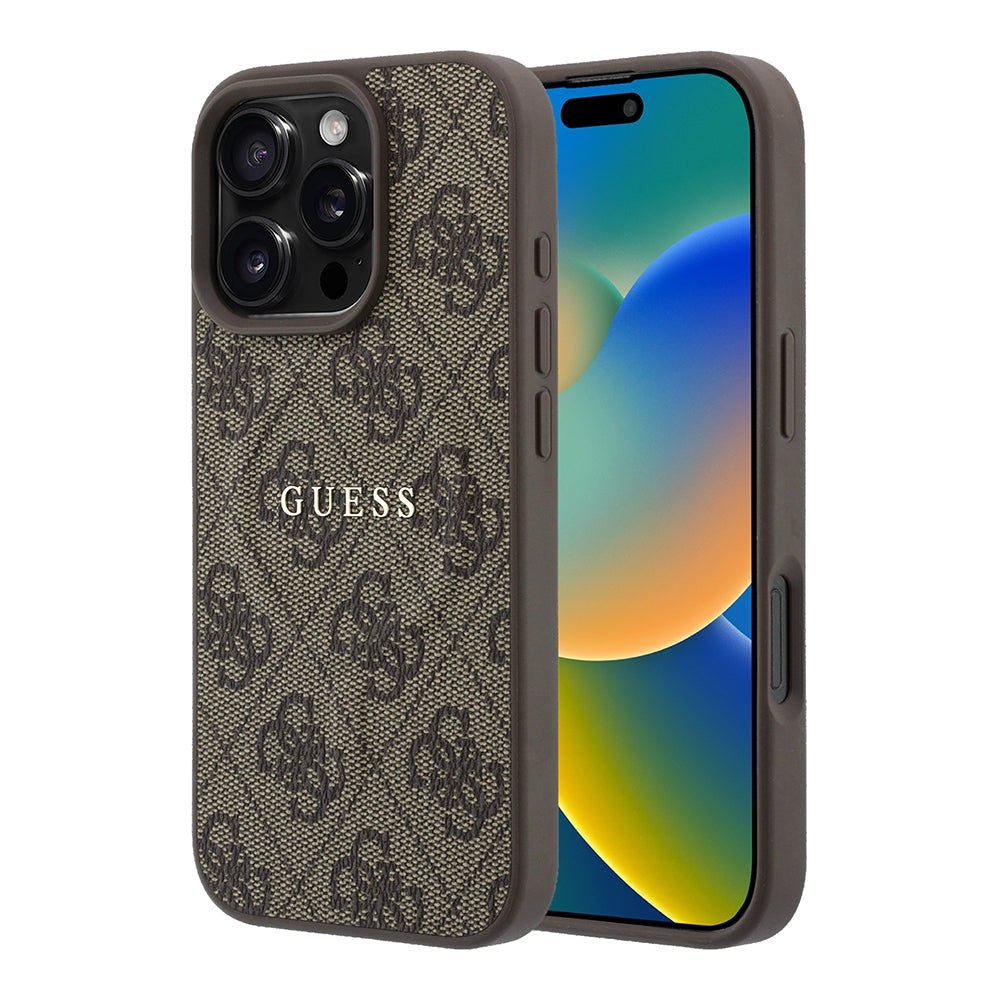 Apple iPhone 16 Pro Max Kılıf Guess Orjinal Lisanslı M-safe Kabartmalı 4G Desenli Yazı Logolu Kapak Kahverengi