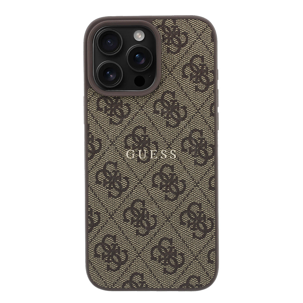 Apple iPhone 16 Pro Max Kılıf Guess Orjinal Lisanslı M-safe Kabartmalı 4G Desenli Yazı Logolu Kapak Kahverengi