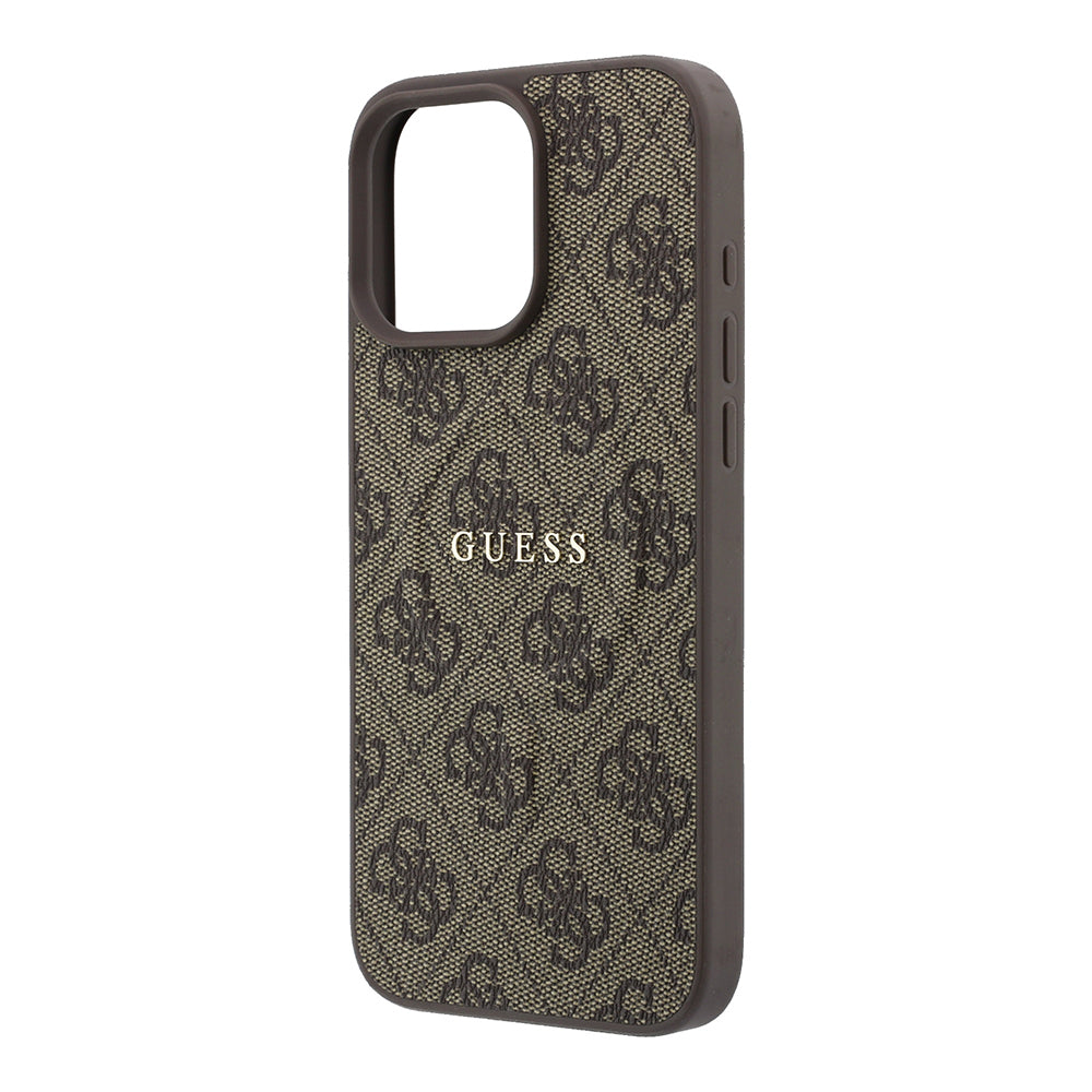 Apple iPhone 16 Pro Max Kılıf Guess Orjinal Lisanslı M-safe Kabartmalı 4G Desenli Yazı Logolu Kapak Kahverengi