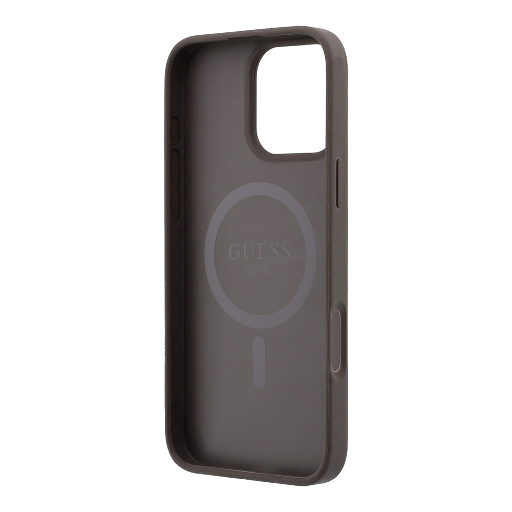 Apple iPhone 16 Pro Max Kılıf Guess Orjinal Lisanslı M-safe Kabartmalı 4G Desenli Yazı Logolu Kapak Kahverengi